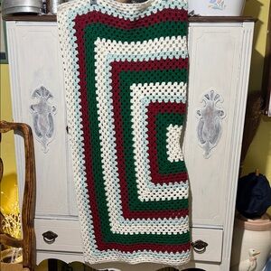 Handmade Crochet Blanket - Green, Red, and Cream